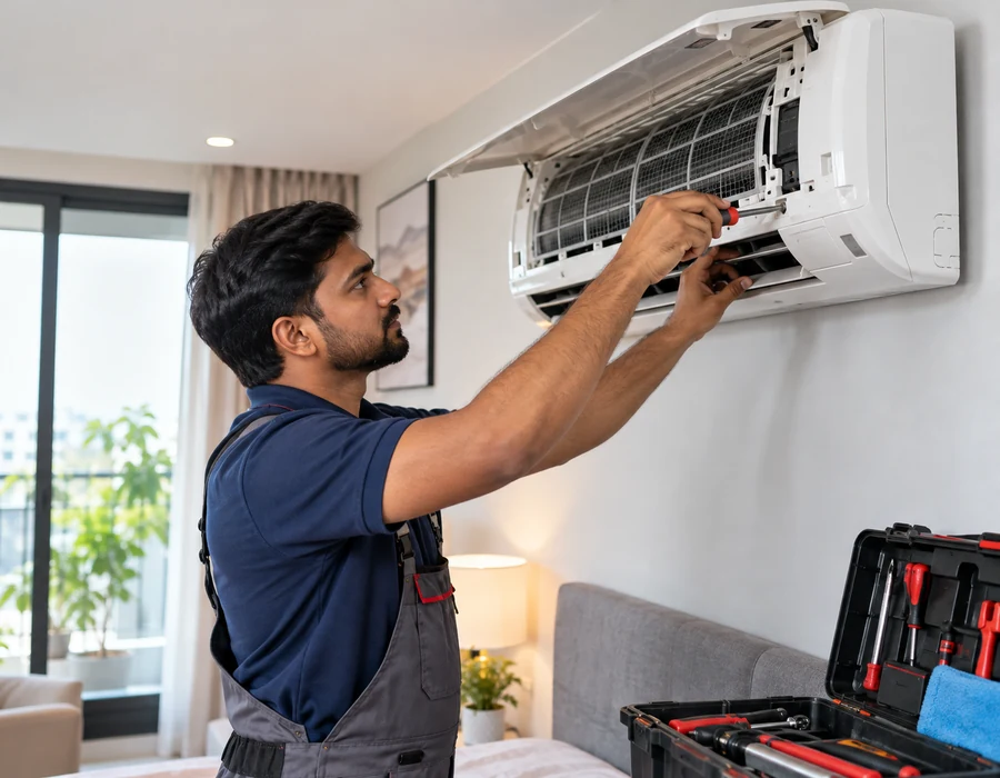 Technician repairing an air conditioner
